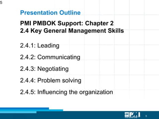 5
5
Presentation Outline
PMI PMBOK Support: Chapter 2
2.4 Key General Management Skills
2.4.1: Leading
2.4.2: Communicating
2.4.3: Negotiating
2.4.4: Problem solving
2.4.5: Influencing the organization
 