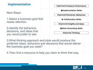54
Next Steps:
1.Select a business goal that
needs attention.
2.Identify the behaviors,
decisions, and ideas that
you would prefer to see.
3.What thinking approach and style would produce the
preferred ideas, behaviors and decisions that would deliver
the business goal you seek?
4.Then find a resource to help you learn to think that way.
Implementation
 