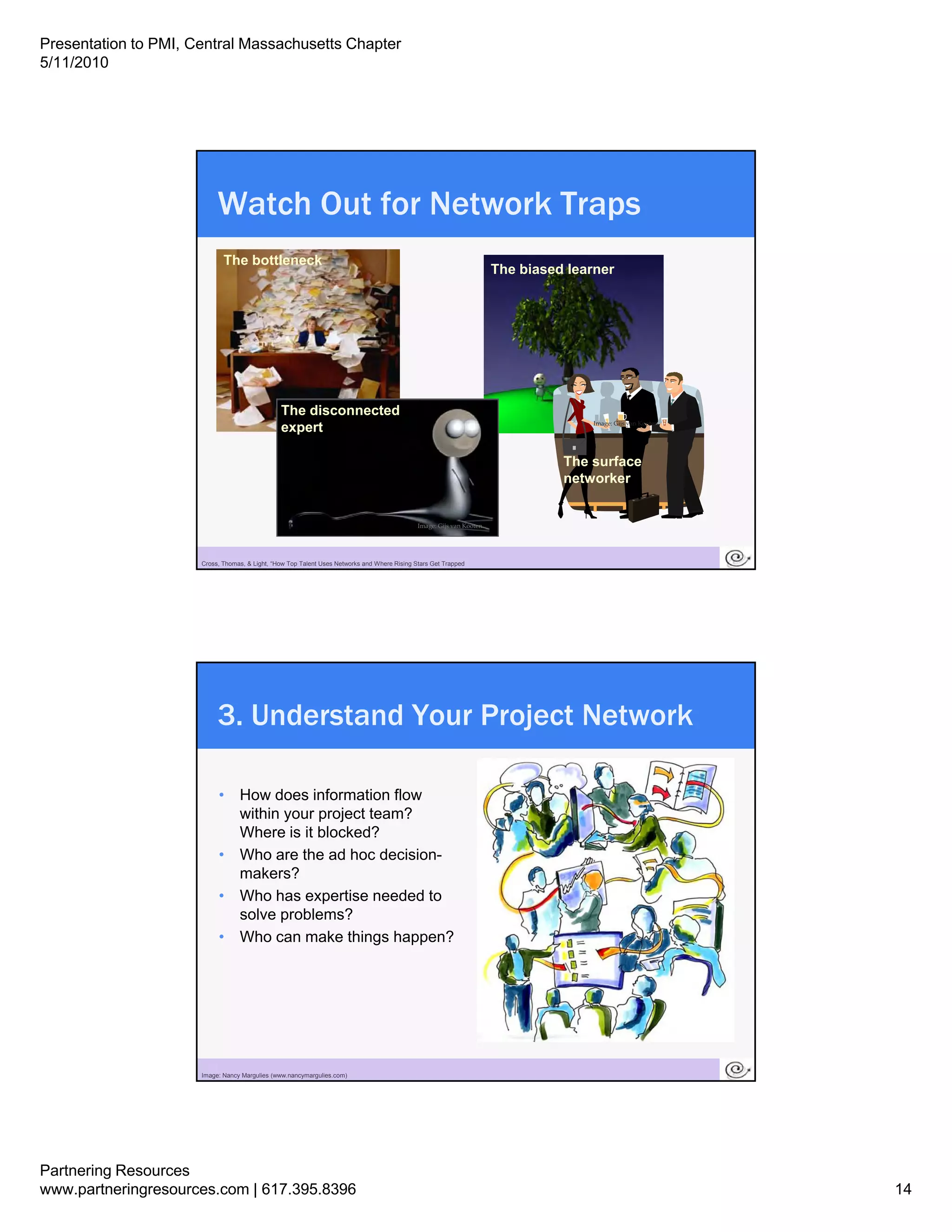 Presentation to PMI, Central Massachusetts Chapter
5/11/2010




                           Watch Out for Network Traps
                             The bottleneck
                                                                                                                       The biased learner




                                                The disconnected
                                                                                                                                     Image: Gijs van Kooten
                                                expert

                                                                                                                                 The surface
                                                                                                                                 networker


                                                                                              Image: Gijs van Kooten




                       27
                      Cross, Thomas, & Light, “How Top Talent Uses Networks and Where Rising Stars Get Trapped




                           3. Understand Your Project Network

                            • How does information flow
                              within your project team?
                              Where is it blocked?
                            • Who are the ad hoc decision-
                              makers?
                            • Who has expertise needed to
                              solve problems?
                            • Who can make things happen?




                       28
                      Image: Nancy Margulies (www.nancymargulies.com)




Partnering Resources
www.partneringresources.com | 617.395.8396                                                                                                                    14
 