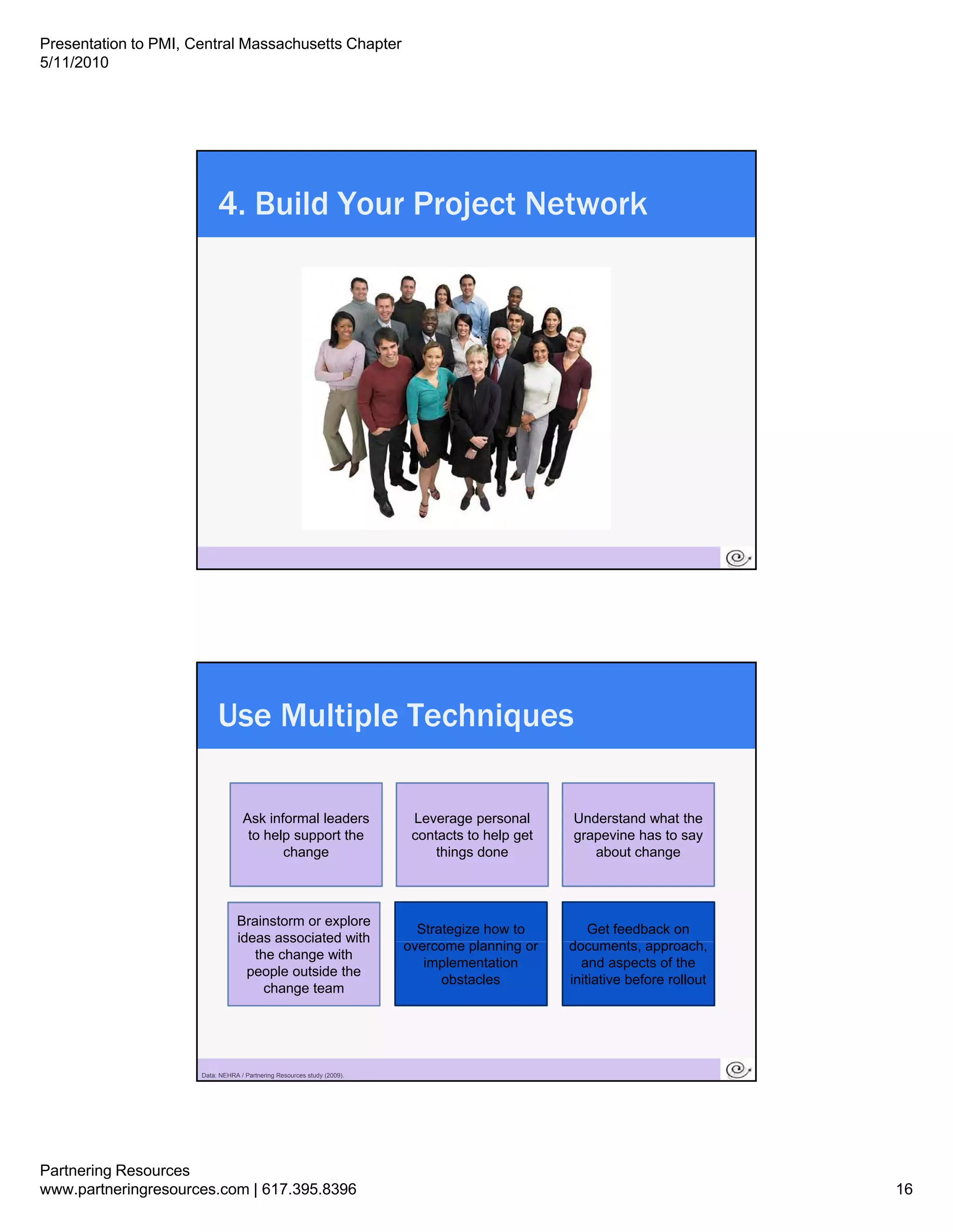 Presentation to PMI, Central Massachusetts Chapter
5/11/2010




                           4. Build Your Project Network




                       31




                           Use Multiple Techniques

                                   Ask informal leaders                   Leverage personal      Understand what the
                                    to help support the                   contacts to help get   grapevine has to say
                                          change                              things done           about change



                                 Brainstorm or explore
                                                                           Strategize how to         Get feedback on
                                 ideas associated with
                                                                         overcome planning or
                                                                                     l   i       documents, approach,
                                                                                                 d          t           h
                                    the change with
                                                                            implementation         and aspects of the
                                   people outside the
                                                                               obstacles         initiative before rollout
                                      change team




                       32
                      Data: NEHRA / Partnering Resources study (2009).




Partnering Resources
www.partneringresources.com | 617.395.8396                                                                                   16
 