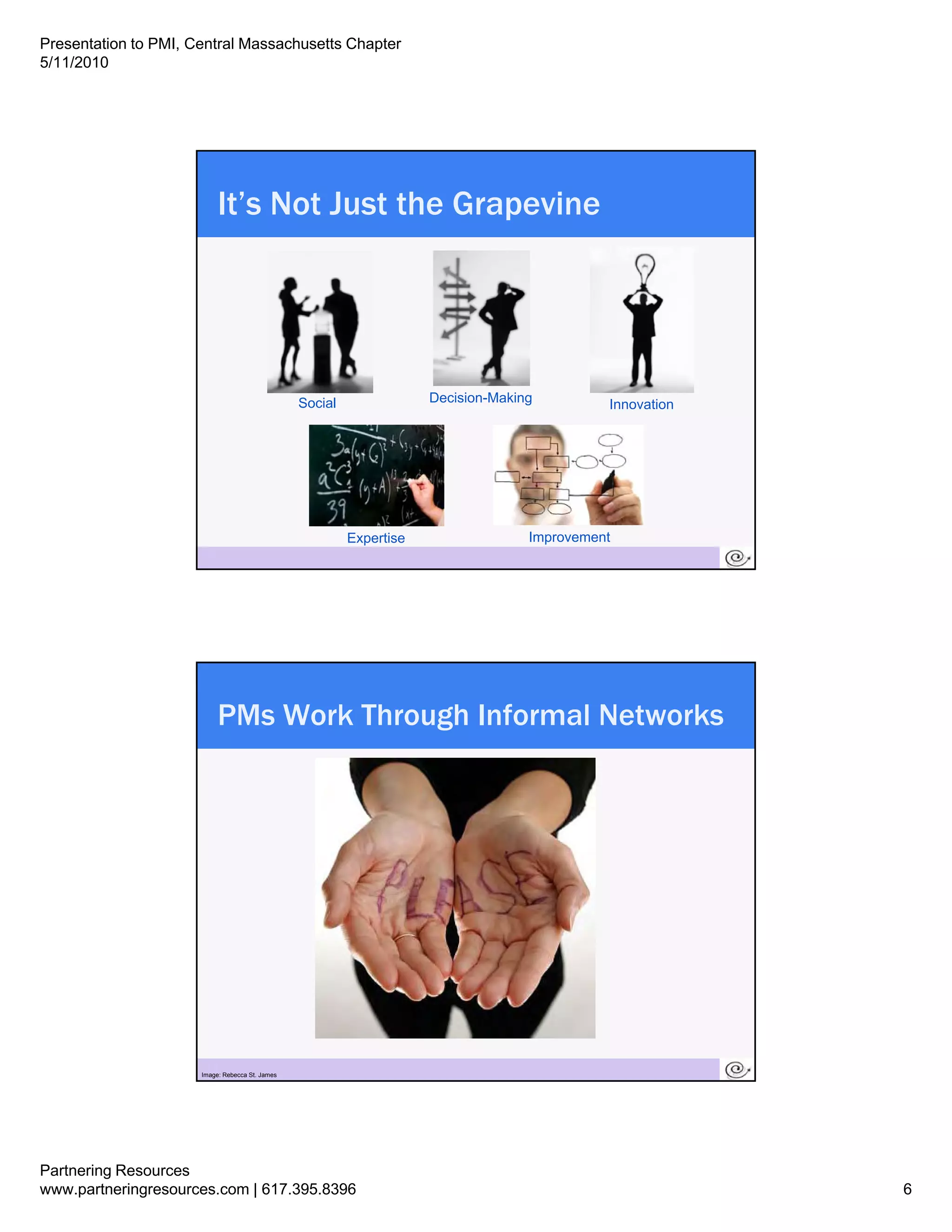 Presentation to PMI, Central Massachusetts Chapter
5/11/2010




                           It’s Not Just the Grapevine




                                                 Social               Decision-Making         Innovation




                                                          Expertise                 Improvement
                       11




                           PMs Work Through Informal Networks




                       12
                      Image: Rebecca St. James




Partnering Resources
www.partneringresources.com | 617.395.8396                                                                 6
 