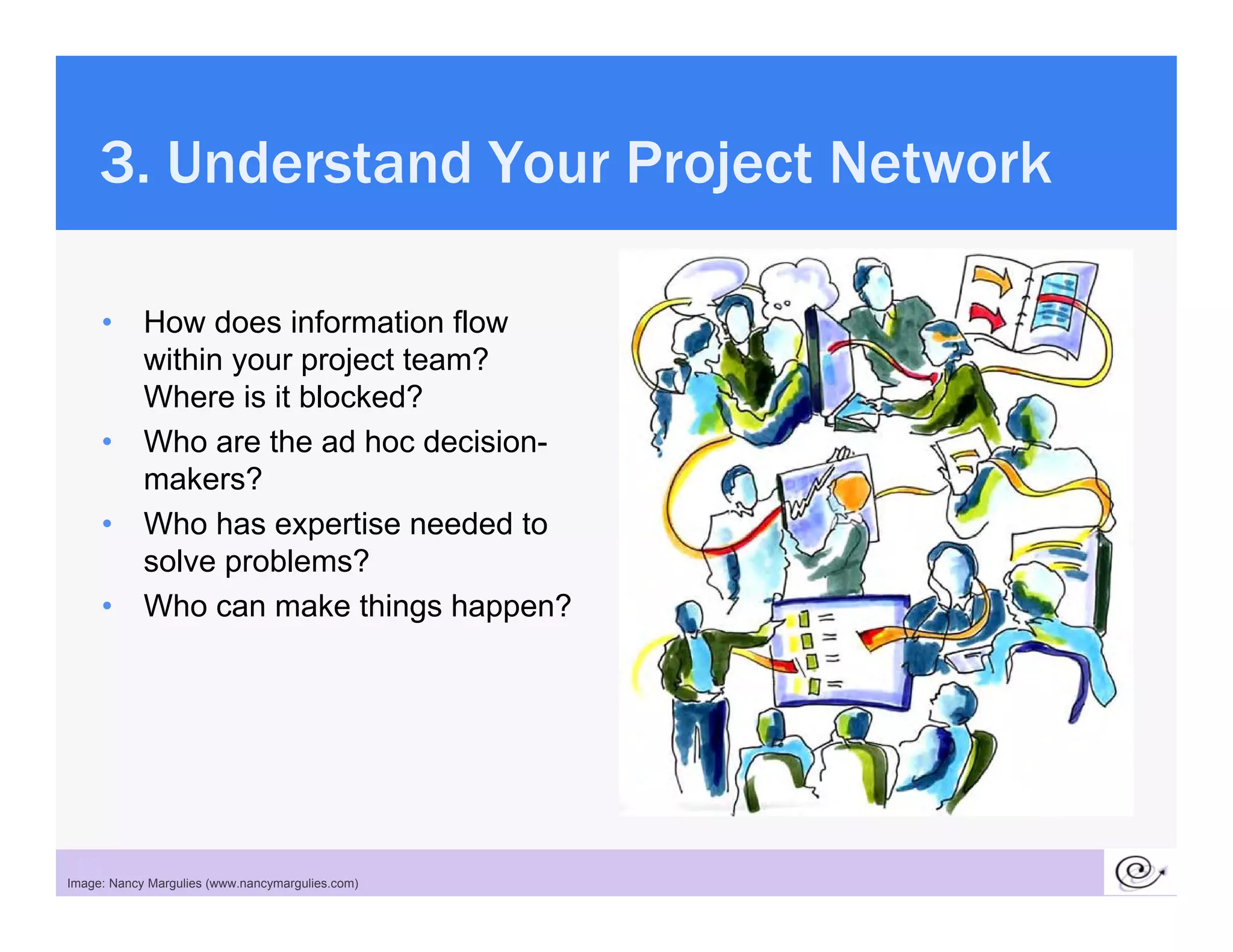 3. Understand Your Project Network

      •     How does information flow
            within your project team?
            Where is it blocked?
      •     Who are the ad hoc decision-
            makers?
      •     Who has expertise needed to
                         p
            solve problems?
      •     Who can make things happen?




 28
Image: Nancy Margulies (www.nancymargulies.com)
 