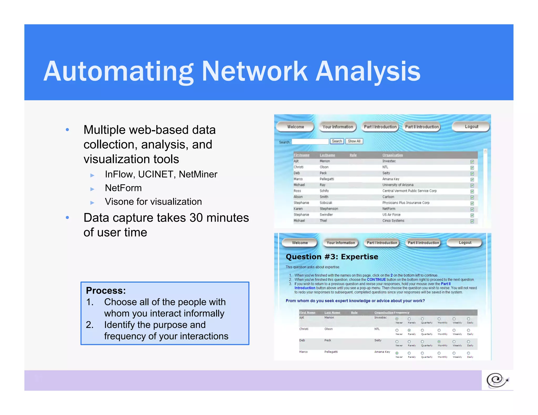 Automating Network Analysis
     •   Multiple web-based data
                  web based
         collection, analysis, and
         visualization tools
          ►   InFlow, UCINET, NetMiner
          ►   NetForm
          ►   Visone for visualization
     •   Data capture takes 30 minutes
         of user time



         Process:
         1. Choose all of the people with
            whom you interact informally
         2. Identify the purpose and
            frequency of your interactions



31
 