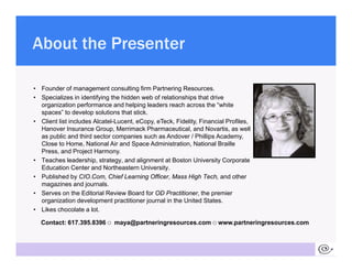 About the Presenter

     • Founder of management consulting firm Partnering Resources.
     • Specializes in identifying ...
