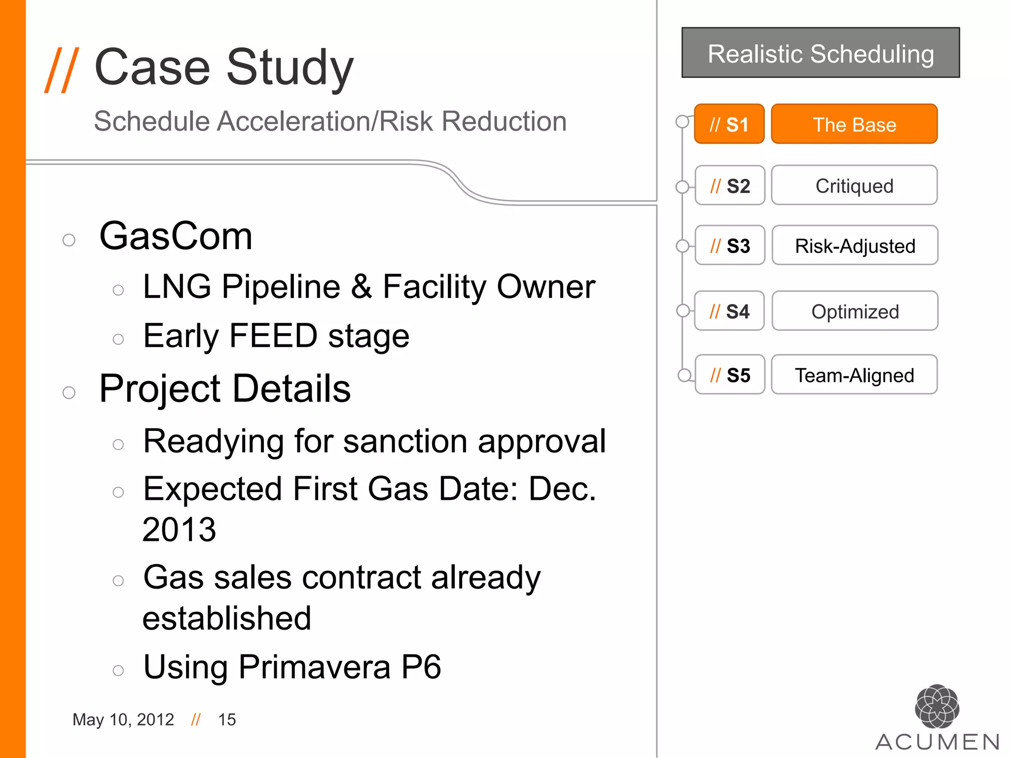 // Case Study                               Realistic Scheduling

     Schedule Acceleration/Risk Reduction   // S1    The Base


                                            // S2     Critiqued

◦    GasCom                                 // S3   Risk-Adjusted

      ◦    LNG Pipeline & Facility Owner
                                            // S4    Optimized
      ◦    Early FEED stage
                                            // S5   Team-Aligned
◦    Project Details
      ◦    Readying for sanction approval
      ◦    Expected First Gas Date: Dec.
           2013
      ◦    Gas sales contract already
           established
      ◦    Using Primavera P6
 May 10, 2012   //   15
 