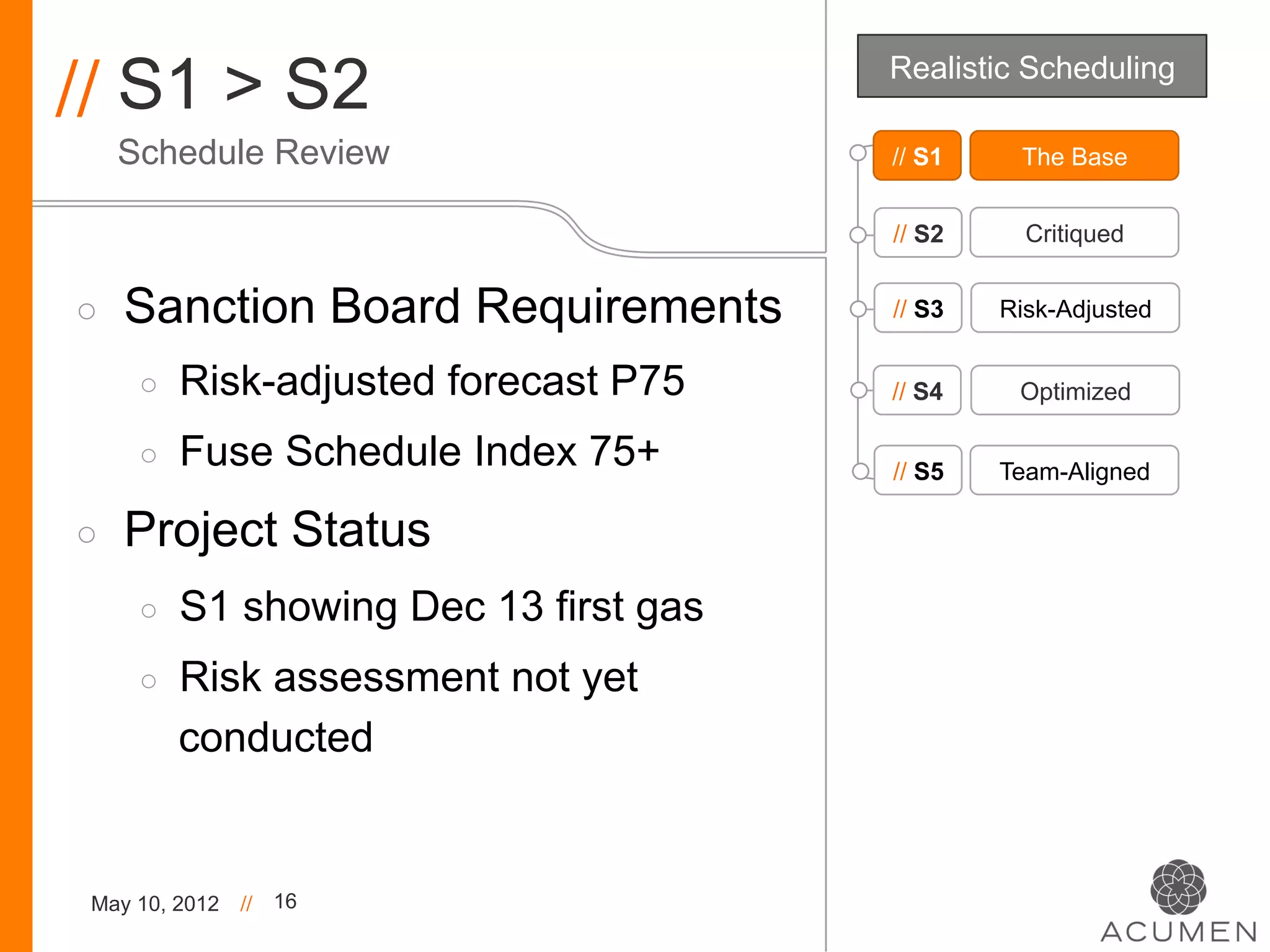 // S1 > S2                               Realistic Scheduling

     Schedule Review                     // S1    The Base


                                         // S2     Critiqued


◦    Sanction Board Requirements         // S3   Risk-Adjusted


      ◦    Risk-adjusted forecast P75    // S4    Optimized

      ◦    Fuse Schedule Index 75+       // S5   Team-Aligned

◦    Project Status
      ◦    S1 showing Dec 13 first gas
      ◦    Risk assessment not yet
           conducted


 May 10, 2012   //   16
 