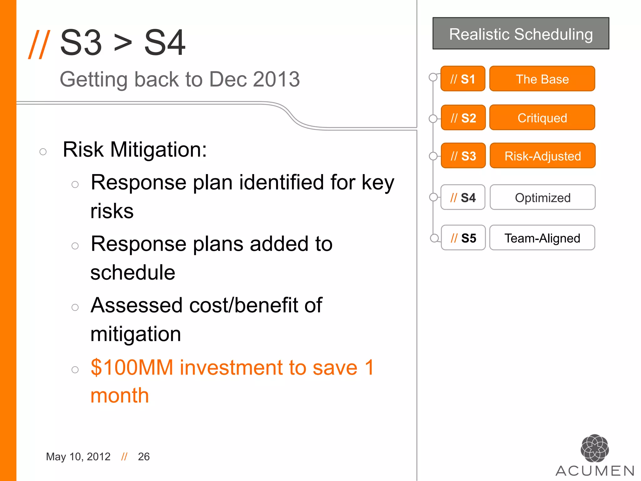 // S3 > S4                                    Realistic Scheduling

     Getting back to Dec 2013                 // S1    The Base


                                              // S2     Critiqued

◦    Risk Mitigation:                         // S3   Risk-Adjusted

      ◦    Response plan identified for key
                                              // S4    Optimized
           risks
                                              // S5   Team-Aligned
      ◦    Response plans added to
           schedule
      ◦    Assessed cost/benefit of
           mitigation
      ◦    $100MM investment to save 1
           month

 May 10, 2012   //   26
 