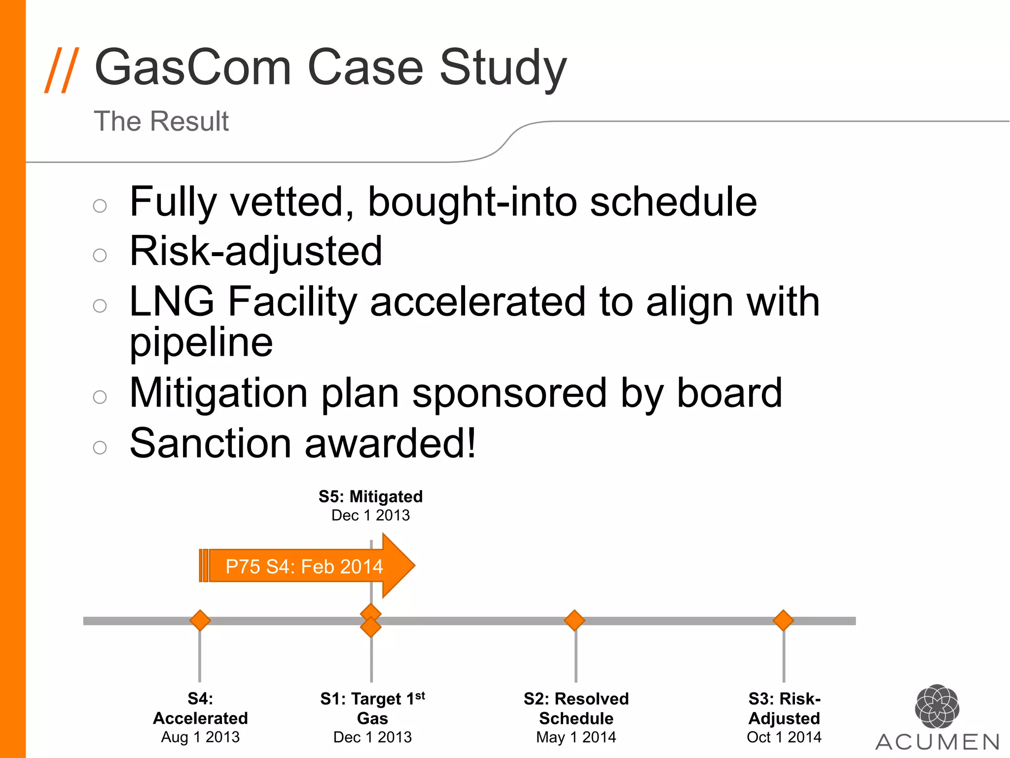 // GasCom Case Study
 The Result


 ◦    Fully vetted, bought-into schedule
 ◦    Risk-adjusted
 ◦    LNG Facility accelerated to align with
      pipeline
 ◦    Mitigation plan sponsored by board
 ◦    Sanction awarded!
                        S5: Mitigated
                         Dec 1 2013


               P75 S4: Feb 2014




          S4:           S1: Target 1st   S2: Resolved   S3: Risk-
       Accelerated
           //                Gas          Schedule      Adjusted
       Aug 1 2013        Dec 1 2013       May 1 2014    Oct 1 2014
 