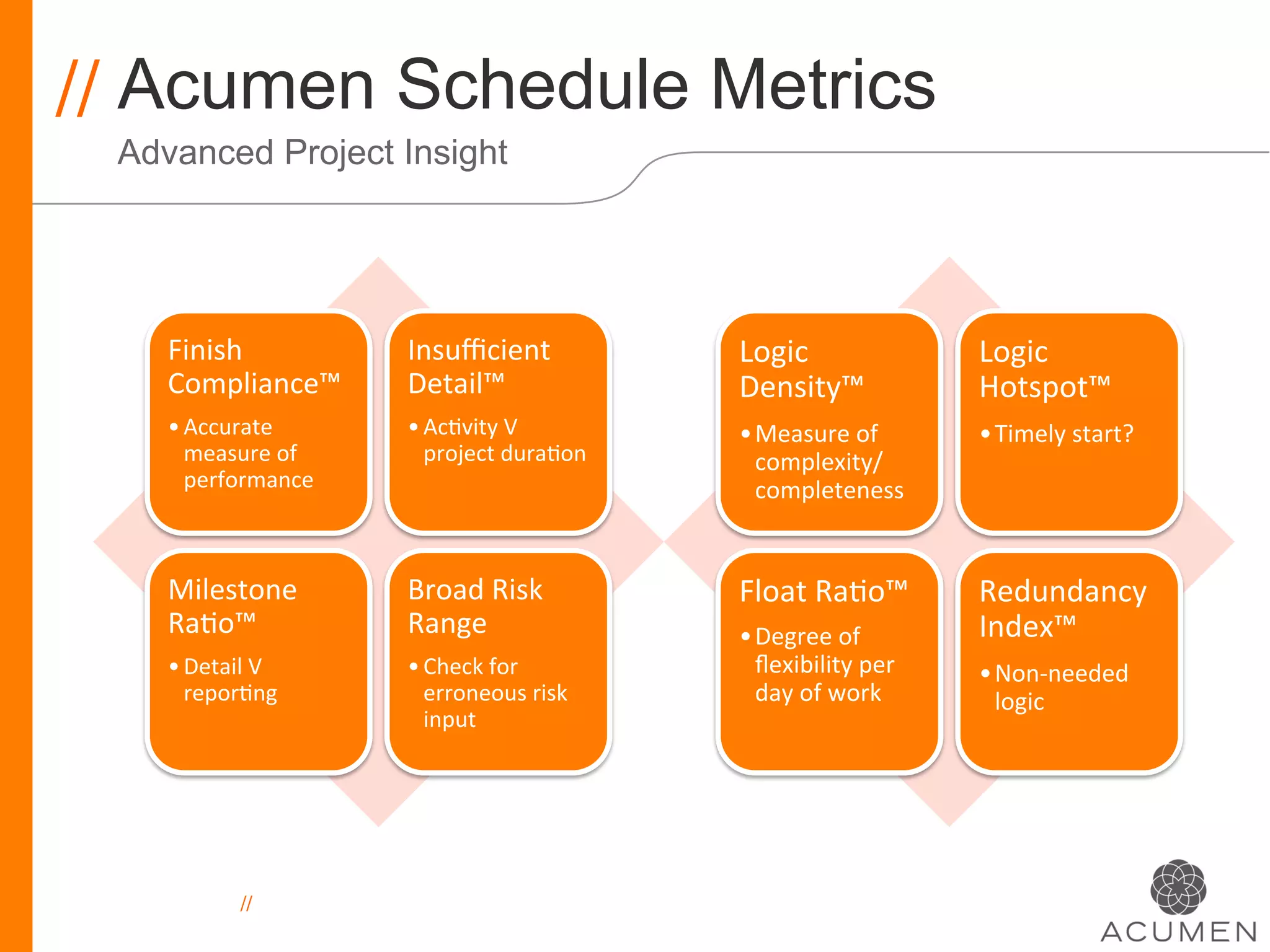 // Acumen Schedule Metrics
 Advanced Project Insight




    Finish	
              Insuﬃcient	
               Logic	
                   Logic	
  
    Compliance™	
         Detail™	
                  Density™	
                Hotspot™	
  
    • Accurate	
          • Ac>vity	
  V	
           • Measure	
  of	
         • Timely	
  start?	
  
      measure	
  of	
       project	
  dura>on	
       complexity/
      performance	
                                    completeness	
  


    Milestone	
           Broad	
  Risk	
            Float	
  Ra>o™	
          Redundancy	
  
    Ra>o™	
               Range	
                    • Degree	
  of	
          Index™	
  
    • Detail	
  V	
       • Check	
  for	
             ﬂexibility	
  per	
     • Non-­‐needed	
  
      repor>ng	
            erroneous	
  risk	
        day	
  of	
  work	
       logic	
  
                            input	
  




              //
 
