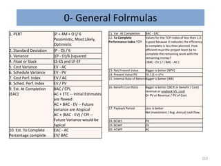 223
1. PERT (P + 4M + O )/ 6
Pessimistic, Most Likely,
Optimistic
2. Standard Deviation (P - O) / 6
3. Variance [(P - O)/6 ]squared
4. Float or Slack LS-ES and LF-EF
5. Cost Variance EV - AC
6. Schedule Variance EV - PV
7. Cost Perf. Index EV / AC
8. Sched. Perf. Index EV / PV
9. Est. At Completion
(EAC)
BAC / CPI,
AC + ETC -- Initial Estimates
are flawed
AC + BAC - EV -- Future
variance are Atypical
AC + (BAC - EV) / CPI --
Future Variance would be
typical
10. Est. To Complete
Percentage complete
EAC - AC
EV/ BAC
11. Var. At Completion BAC - EAC
12. To Complete
Performance Index TCPI
Values for the TCPI index of less then 1.0
is good because it indicates the efficiency
to complete is less than planned. How
efficient must the project team be to
complete the remaining work with the
remaining money?
( BAC - EV ) / ( BAC - AC )
13. Net Present Value Bigger is better (NPV)
14. Present Value PV FV / (1 + r)^n
15. Internal Rate of ReturnBigger is better (IRR)
16. Benefit Cost Ratio Bigger is better ((BCR or Benefit / Cost)
revenue or payback VS. cost)
Or PV or Revenue / PV of Cost
17. Payback Period Less is better
Net Investment / Avg. Annual cash flow.
18. BCWS PV
19. BCWP EV
20. ACWP AC
0- General Folrmulas
 