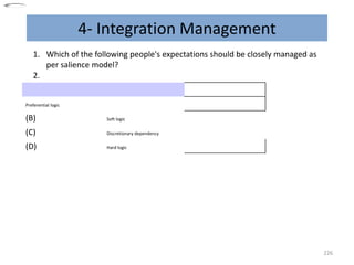 4- Integration Management
226
1. Which of the following people's expectations should be closely managed as
per salience model?
2.
Preferential logic
(B) Soft logic
(C) Discretionary dependency
(D) Hard logic
 