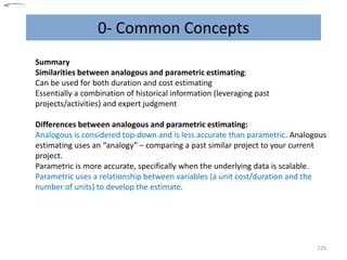 0- Common Concepts
229
Summary
Similarities between analogous and parametric estimating:
Can be used for both duration and cost estimating
Essentially a combination of historical information (leveraging past
projects/activities) and expert judgment
Differences between analogous and parametric estimating:
Analogous is considered top-down and is less accurate than parametric. Analogous
estimating uses an “analogy” – comparing a past similar project to your current
project.
Parametric is more accurate, specifically when the underlying data is scalable.
Parametric uses a relationship between variables (a unit cost/duration and the
number of units) to develop the estimate.
 
