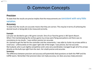 0- Common Concepts
230
Precision
To state that the results are precise implies that the measurements are consistent with very little
variation.
Accuracy
To state that the results are accurate means that they are correct. This may be in terms of achieving the
desired result or being able to be measured correctly.
Example
Last year we decided to get a Wii game console. One of our favorite games is Wii Sports Resort.
When I first started playing the archery game my arrows were flying everywhere and there was no
consistency to my results - I was neither precise nor accurate.
As I started to get the feel for the controller and the movements, I was able to cluster my arrows within a
small area - unfortunately on the upper right side of the target. I was precise, but not accurate.
My husband, who is just slightly competitive and is also very coordinated, managed to get all of his arrows
directly on the bulls-eye right from the start. He is both precise and accurate.
Summary
The difference between precision and accuracy will potentially feed questions on both the PMP and the
CAPM exams. Remember that precision does not imply accuracy, nor does accuracy imply precision
 