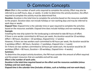 0- Common Concepts
237
Effort-Effort is the number of work units required to complete the activity. Effort may also be
referred to as staff-hours, days, or weeks. In order to determine the activity duration, the effort
required to complete the activity must be determined first.
Duration -Duration is the total time to complete the activities based on the resources available
to the project. Duration does not include holidays or non-working days and may be referred to
work days or weeks.
Elapsed Time -Elapsed time is the calendar time or span required to complete the activities
based on the resources available. Elapsed time does include holidays and non-working days.
Example
Installing the new drip system for the landscaping is estimated to take 80 hours of effort.
If there is one worker committed to 40 hours per week, the duration would be 10 workdays.
(Effort = 80 hours, Duration = 10 workdays, Elapsed time = 2 weeks)
However, if there are two workers each committed to 40 hours per week, the duration would be
5 workdays.(Effort = 80 hours, Duration = 5 workdays, Elapsed time = 1 week)
Or if there are two workers committed to 10 hours per week each, the duration would be 20
workdays.(Effort = 80 hours, Duration = 20 workdays, Elapsed time = 4 weeks)
Summary
To determine the project activity durations, the PM must consider the amount of effort required
and the project resources that are available and will be used.
Effort is the number of work units.
Duration is the total time required based on the effort and the resources available (minus
holidays and non-work days).
Elapsed time is the calendar time (includes all dates, such as holidays and non-work days).
 
