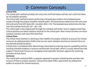 0- Common Concepts
238
Critical Path
The critical path method calculates the early start and finish dates and late start and finish dates
for all schedule activities.
The critical path method involves performing a forward pass analysis and a backward pass
analysis through the project schedule network paths. The forward pass determines the early start
(ES) and early finish (EF) dates (ES + duration (DU) = EF). The backward pass determines the late
start (LS) and late finish (LF): (LF – DU = LS)
The critical path is the longest path through the schedule with either zero or negative total float.
Critical activities are those schedule activities on the critical path. Near-critical activities are those
schedule activities with very little total float.
Critical Chain
The critical chain method is a technique that modifies the project schedule to account for limited
resources by adding duration buffers that are non-work schedule activities to maintain focus on
the planned activity durations.
Critical chain is completed after determining critical path by entering resource availability and the
resulting schedule produces a resource-constrained critical path, which is usually altered from the
original. Critical chain focuses on managing remaining buffer durations against the remaining
durations of task chains
Summary
The critical path method (CPM) is a popular approach to project scheduling that considers the
amount of float on project activities. Critical chain takes CPM a step further by adding time
buffers to account for limited resources.
 