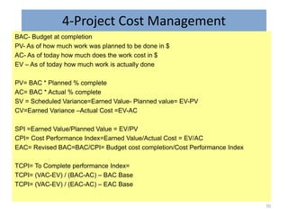 4-Project Cost Management
BAC- Budget at completion
PV- As of how much work was planned to be done in $
AC- As of today how much does the work cost in $
EV – As of today how much work is actually done
PV= BAC * Planned % complete
AC= BAC * Actual % complete
SV = Scheduled Variance=Earned Value- Planned value= EV-PV
CV=Earned Variance –Actual Cost =EV-AC
SPI =Earned Value/Planned Value = EV/PV
CPI= Cost Performance Index=Earned Value/Actual Cost = EV/AC
EAC= Revised BAC=BAC/CPI= Budget cost completion/Cost Performance Index
TCPI= To Complete performance Index=
TCPI= (VAC-EV) / (BAC-AC) – BAC Base
TCPI= (VAC-EV) / (EAC-AC) – EAC Base
70
 