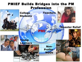 PMIEF Builds Bridges into the PM Profession Teachers Non-Profits / NGOs Disaster Relief College Students Young Learners PMI 