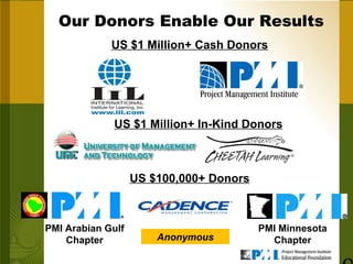 US $1 Million+ Cash Donors US $100,000+ Donors PMI Arabian Gulf Chapter PMI Minnesota Chapter US $1 Million+ In-Kind Donors Anonymous Our Donors Enable Our Results 