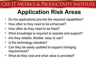 Application Risk Areas
• Do the applications provide the required capabilities?
• How often to they need to be enhanced?
• How often do they need to be fixed?
• What knowledge is required to operate and support?
• Are they reliable, flexible, easy to use?
• Is the technology obsolete?
• Can they be easily updated to support changing
  requirements?
• What do they cost and what value is provided?
 
