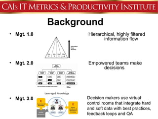 Background
• Mgt. 1.0          Hierarchical, highly filtered
                           information flow



• Mgt. 2.0          Empowered teams make
                         decisions




• Mgt. 3.0          Decision makers use virtual
                    control rooms that integrate hard
                    and soft data with best practices,
                    feedback loops and QA
 