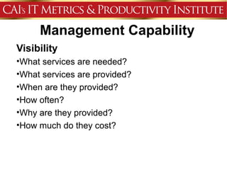 Management Capability
Visibility
•What services are needed?
•What services are provided?
•When are they provided?
•How often?
•Why are they provided?
•How much do they cost?
 