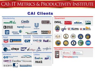CAI Clients
Manufacturing                                             Government




Retail          Financials   Transportation / Logistics




Services
                                                          Education

Insurance                     Utilities
 