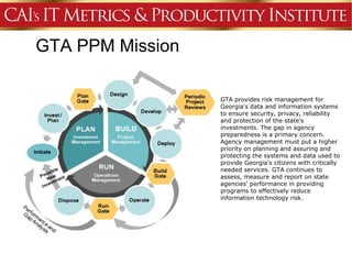 GTA PPM Mission

                  GTA provides risk management for
                  Georgia's data and information systems
                  to ensure security, privacy, reliability
                  and protection of the state's
                  investments. The gap in agency
                  preparedness is a primary concern.
                  Agency management must put a higher
                  priority on planning and assuring and
                  protecting the systems and data used to
                  provide Georgia's citizens with critically
                  needed services. GTA continues to
                  assess, measure and report on state
                  agencies' performance in providing
                  programs to effectively reduce
                  information technology risk.
 