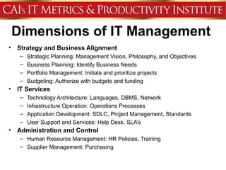 Dimensions of IT Management
•   Strategy and Business Alignment
     –   Strategic Planning: Management Vision, Philosophy, and Objectives
     –   Business Planning: Identify Business Needs
     –   Portfolio Management: Initiate and prioritize projects
     –   Budgeting: Authorize with budgets and funding
•   IT Services
     –   Technology Architecture: Languages, DBMS, Network
     –   Infrastructure Operation: Operations Processes
     –   Application Development: SDLC, Project Management, Standards
     –   User Support and Services: Help Desk, SLA’s
•   Administration and Control
     – Human Resource Management: HR Policies, Training
     – Supplier Management: Purchasing
 