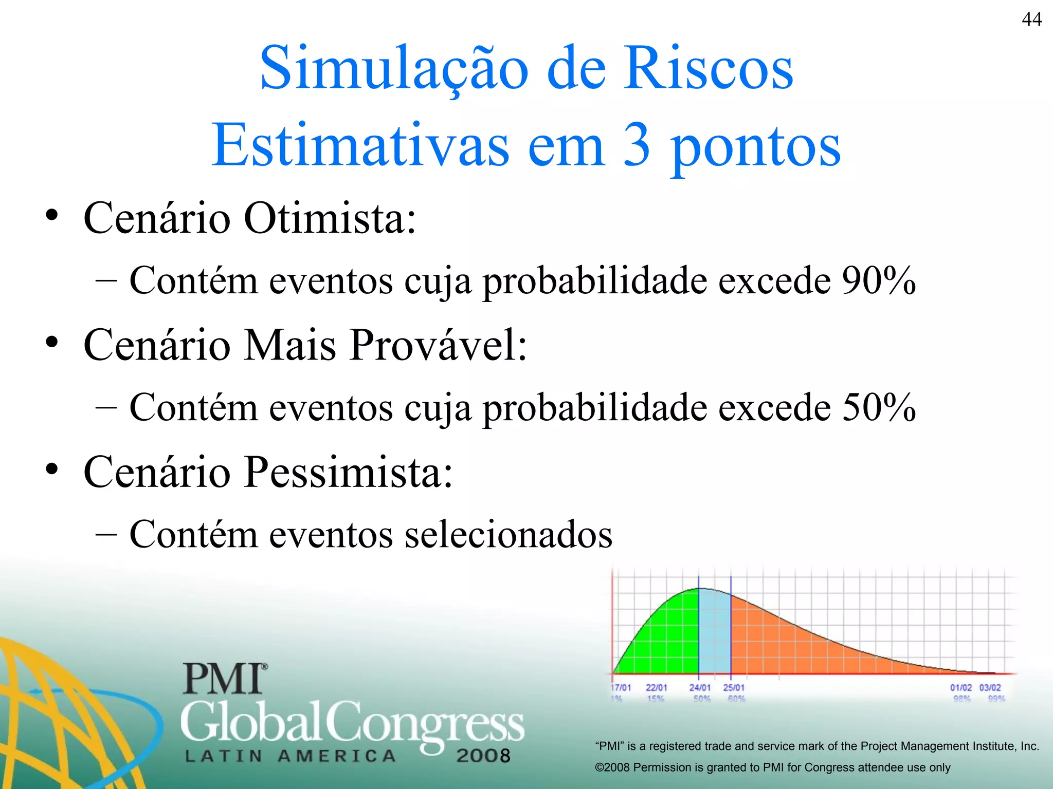 Simulação de Riscos Estimativas em 3 pontos Cenário Otimista:  Contém eventos cuja probabilidade excede 90% Cenário Mais Provável: Contém eventos cuja probabilidade excede 50% Cenário Pessimista: Contém eventos selecionados 
