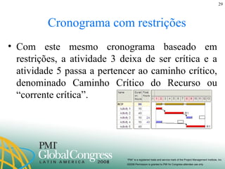 Cronograma com restrições Com este mesmo cronograma baseado em restrições, a atividade 3 deixa de ser crítica e a atividade 5 passa a pertencer ao caminho crítico, denominado Caminho Crítico do Recurso ou “corrente crítica”.  