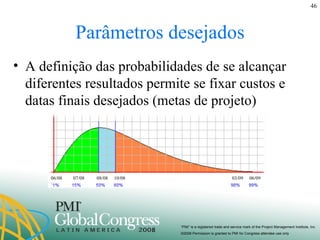 Parâmetros desejados A definição das probabilidades de se alcançar diferentes resultados permite se fixar custos e datas finais desejados (metas de projeto) 06/08  07/08  08/08  10/08  03/09  06/09  06/08  07/08  08/08  10/08  03/09  06/09  