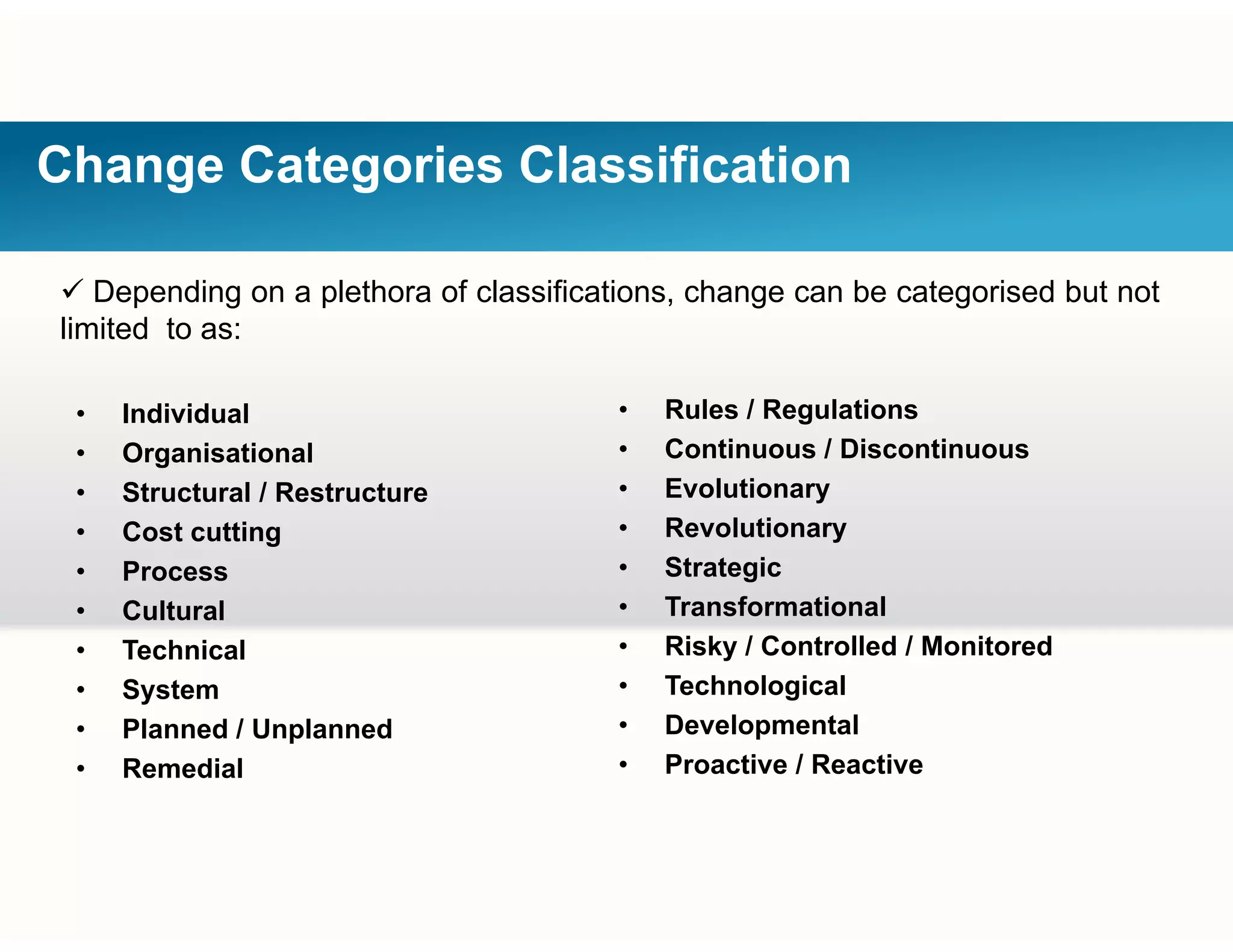 Change Categories Classification
 Depending on a plethora of classifications, change can be categorised but not
limited to as:
• Individual
• Organisational
• Rules / Regulations
• Continuous / Discontinuous
• Structural / Restructure
• Cost cutting
• Process
• Evolutionary
• Revolutionary
• Strategic
• Cultural
• Technical
• System
• Transformational
• Risky / Controlled / Monitored
• Technological
• Planned / Unplanned
• Remedial
• Developmental
• Proactive / Reactive
 