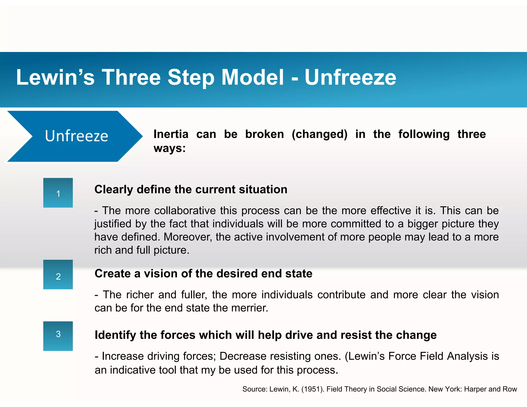 Lewin’s Three Step Model - Unfreeze
Inertia can be broken (changed) in the following three
ways:
Unfreeze
y
11 Clearly define the current situation
- The more collaborative this process can be the more effective it is. This can be
justified by the fact that individuals will be more committed to a bigger picture they
have defined. Moreover, the active involvement of more people may lead to a more
rich and full picture.
22
rich and full picture.
Create a vision of the desired end state
- The richer and fuller, the more individuals contribute and more clear the vision
33
can be for the end state the merrier.
Identify the forces which will help drive and resist the change
- Increase driving forces; Decrease resisting ones. (Lewin’s Force Field Analysis is
an indicative tool that my be used for this process.
Source: Lewin, K. (1951). Field Theory in Social Science. New York: Harper and Row
 