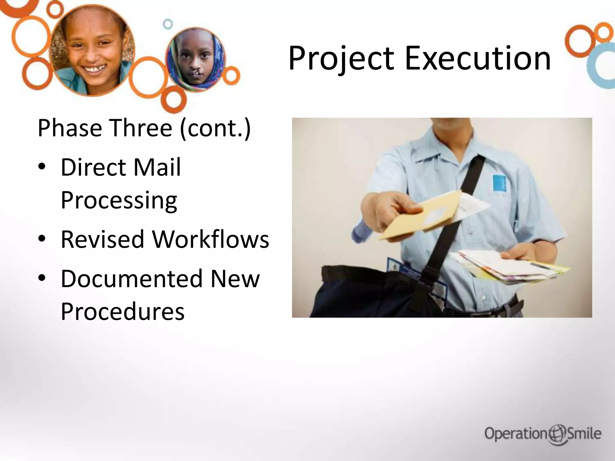 Project Execution
Phase Three (cont.)
• Direct Mail
Processing
• Revised Workflows
• Documented New
Procedures
 