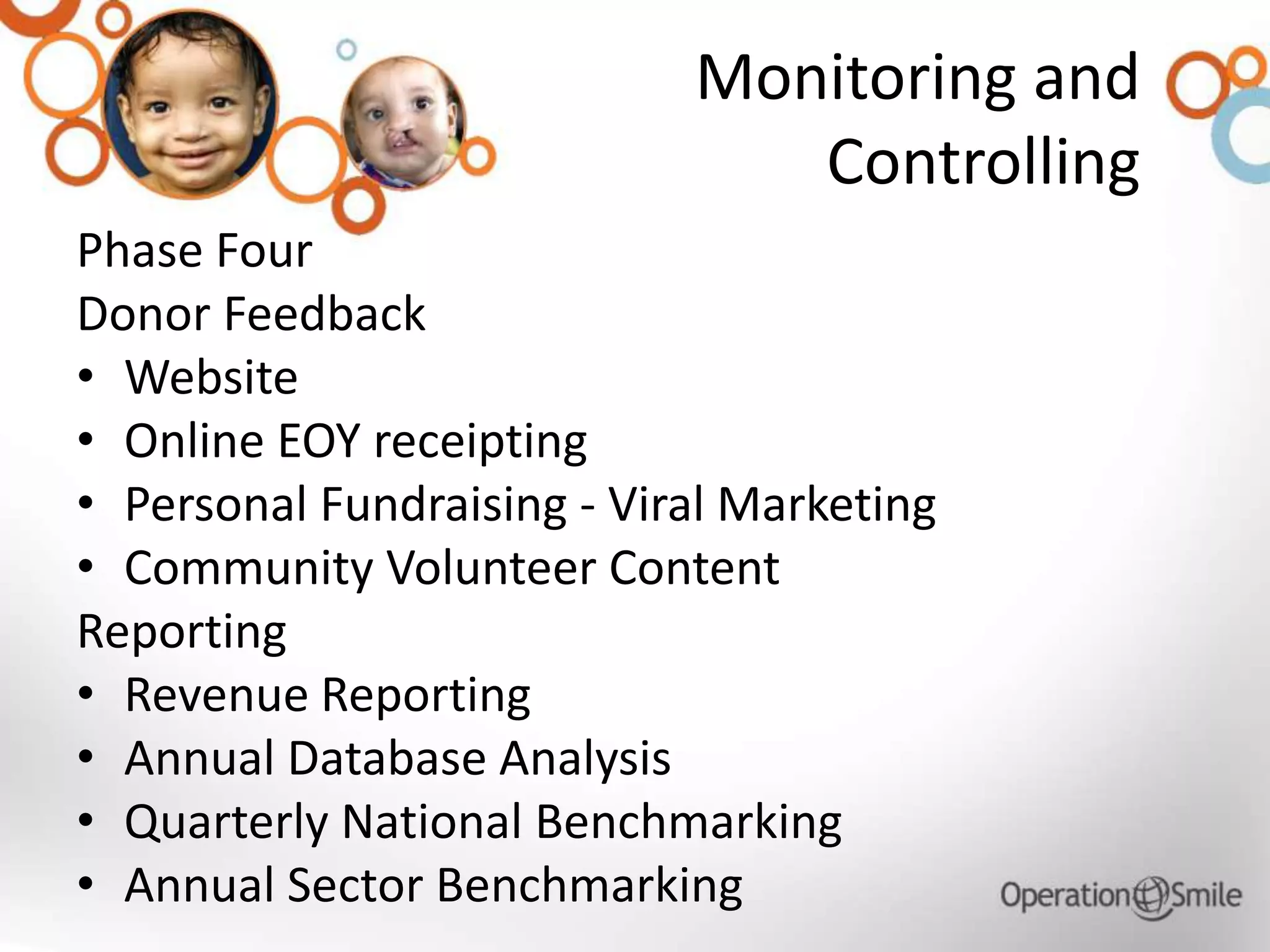 Monitoring and
Controlling
Phase Four
Donor Feedback
• Website
• Online EOY receipting
• Personal Fundraising - Viral Marketing
• Community Volunteer Content
Reporting
• Revenue Reporting
• Annual Database Analysis
• Quarterly National Benchmarking
• Annual Sector Benchmarking
 