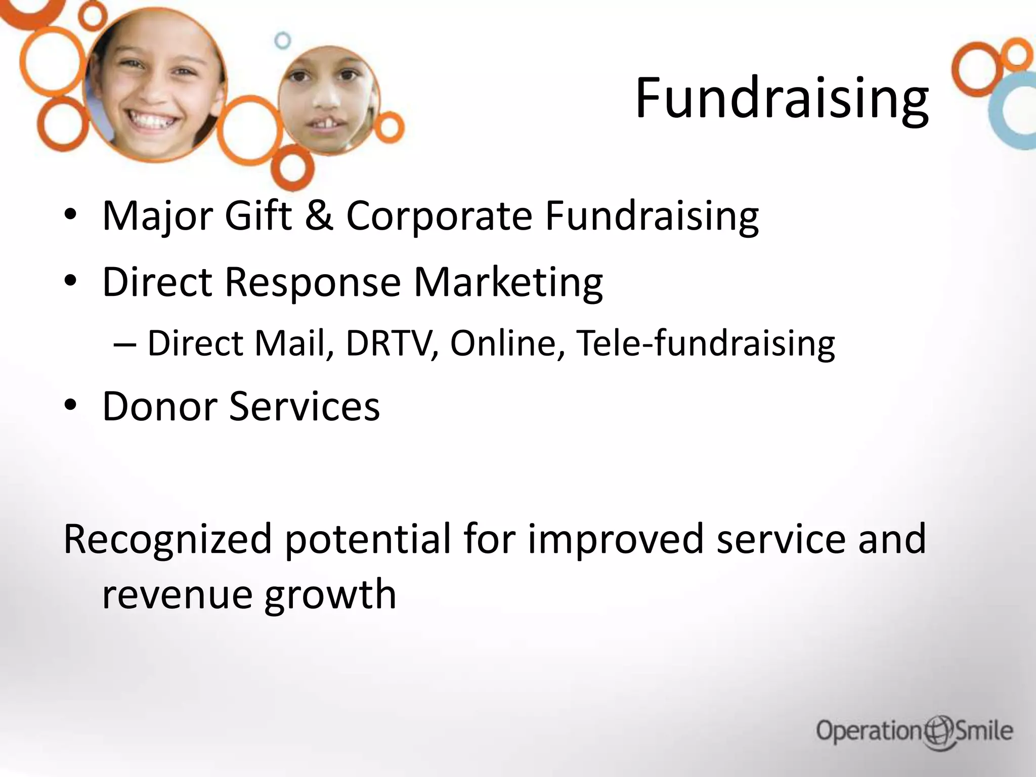 Fundraising
• Major Gift & Corporate Fundraising
• Direct Response Marketing
– Direct Mail, DRTV, Online, Tele-fundraising
• Donor Services
Recognized potential for improved service and
revenue growth
 