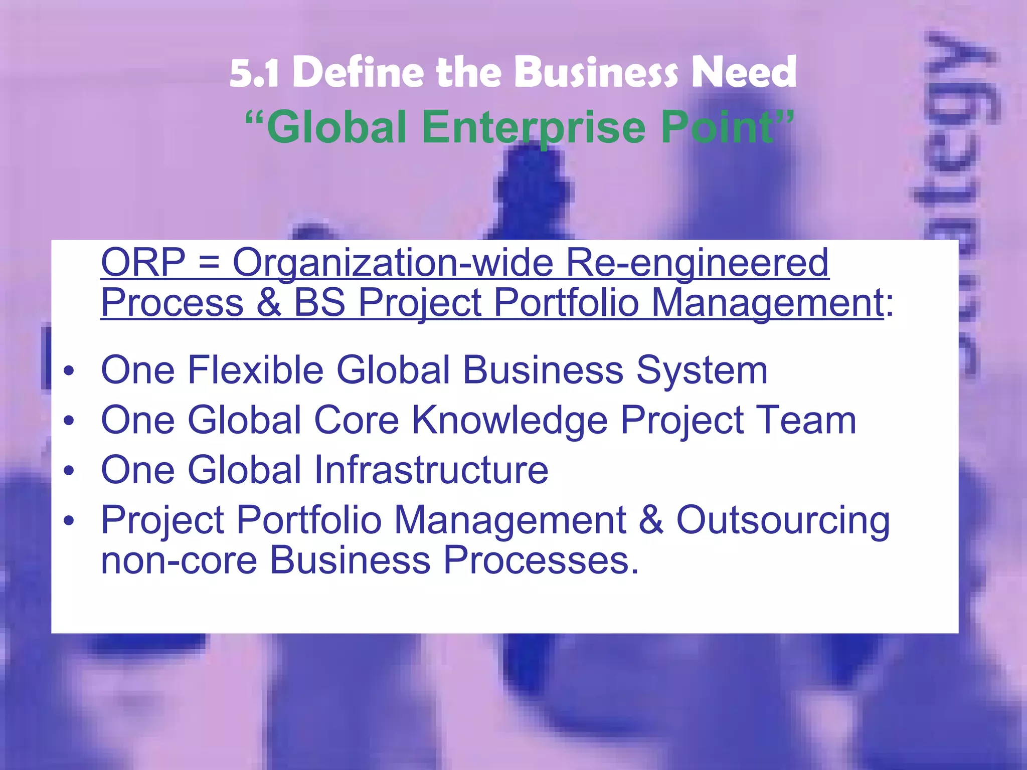 5.1 Define the Business Need   “Global Enterprise Point” ORP = Organization-wide Re-engineered Process & BS Project Portfolio Management : One Flexible Global Business System One Global Core Knowledge Project Team One Global Infrastructure Project Portfolio Management & Outsourcing non-core Business Processes. 