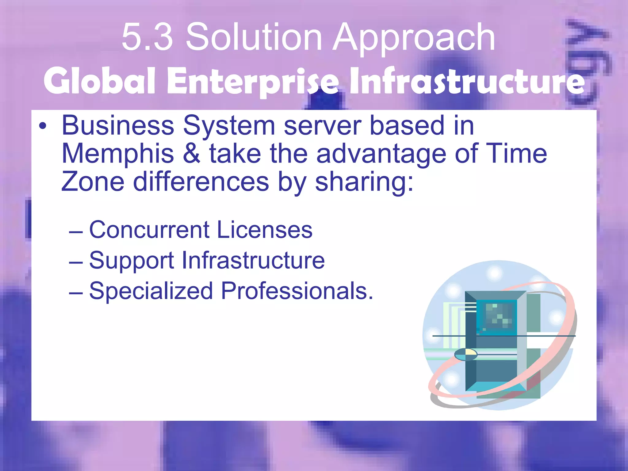 5.3 Solution Approach  Global Enterprise Infrastructure Business System server based in Memphis & take the advantage of Time Zone differences by sharing:  Concurrent Licenses Support Infrastructure Specialized Professionals. 