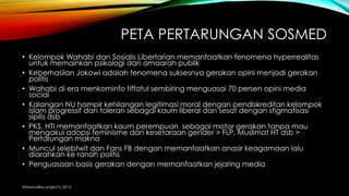 PETA PERTARUNGAN SOSMED
• Kelompok Wahabi dan Sosialis Libertarian memanfaatkan fenomena hyperrealitas
untuk memainkan psikologi dan amaarah publik
• Keberhasilan Jokowi adalah fenomena suksesnya gerakan opini menjadi gerakan
politis
• Wahabi di era menkominfo tiffatul sembiring menguasai 70 persen opini media
social
• Kalangan NU hampir kehilangan legitimasi moral dengan pendiskreditan kelompok
islam progressif dan toleran sebagai kaum liberal dan sesat dengan stigmatisasi
sipilis dsb
• PKS, HTI memanfaatkan kaum perempuan sebagai motor gerakan tanpa mau
mengakui adopsi feminisme dan kesetaraan gender > FLP, Muslimat HT dsb >
Pertarungan makna
• Muncul selebtwit dan Fans FB dengan memanfaatkan anasir keagamaan lalu
diarahkan ke ranah politis
• Penguasaan basis gerakan dengan memanfaatkan jejaring media
@tanmalika project's_2015
 