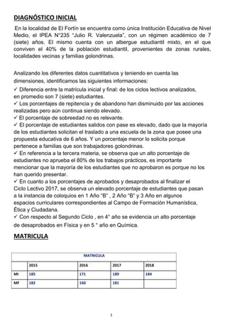 3
DIAGNÓSTICO INICIAL
En la localidad de El Fortín se encuentra como única Institución Educativa de Nivel
Medio, el IPEA N°235 “Julio R. Valenzuela”, con un régimen académico de 7
(siete) años. El mismo cuenta con un albergue estudiantil mixto, en el que
conviven el 40% de la población estudiantil, provenientes de zonas rurales,
localidades vecinas y familias golondrinas.
Analizando los diferentes datos cuantitativos y teniendo en cuenta las
dimensiones, identificamos las siguientes informaciones:
 Diferencia entre la matrícula inicial y final: de los ciclos lectivos analizados,
en promedio son 7 (siete) estudiantes.
 Los porcentajes de repitencia y de abandono han disminuido por las acciones
realizadas pero aún continua siendo elevado.
 El porcentaje de sobreedad no es relevante.
 El porcentaje de estudiantes salidos con pase es elevado, dado que la mayoría
de los estudiantes solicitan el traslado a una escuela de la zona que posee una
propuesta educativa de 6 años. Y un porcentaje menor lo solicita porque
pertenece a familias que son trabajadores golondrinas.
 En referencia a la tercera materia, se observa que un alto porcentaje de
estudiantes no aprueba el 80% de los trabajos prácticos, es importante
mencionar que la mayoría de los estudiantes que no aprobaron es porque no los
han querido presentar.
 En cuanto a los porcentajes de aprobados y desaprobados al finalizar el
Ciclo Lectivo 2017, se observa un elevado porcentaje de estudiantes que pasan
a la instancia de coloquios en 1 Año “B” , 2 Año “B” y 3 Año en algunos
espacios curriculares correspondientes al Campo de Formación Humanística,
Ética y Ciudadana.
 Con respecto al Segundo Ciclo , en 4° año se evidencia un alto porcentaje
de desaprobados en Física y en 5 ° año en Química.
MATRICULA
MATRICULA
2015 2016 2017 2018
MI 185 171 189 184
MF 182 160 181
 