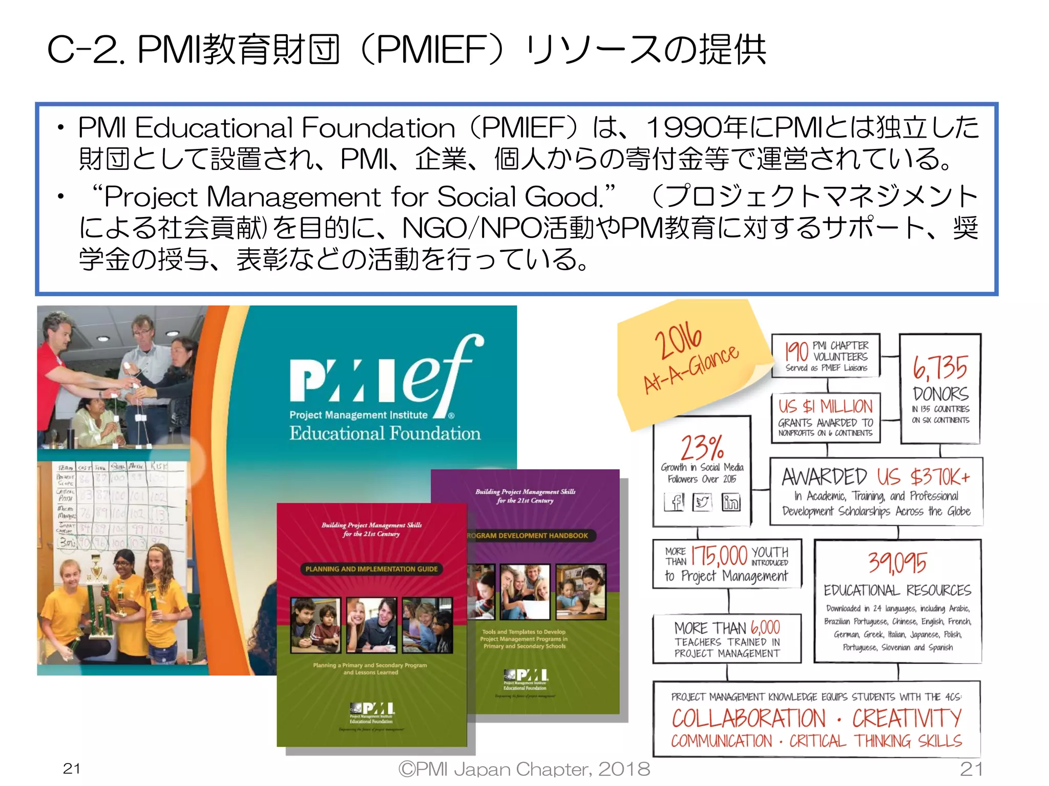 C-2. PMI教育財団（PMIEF）リソースの提供
21
• PMI Educational Foundation（PMIEF）は、1990年にPMIとは独立した
財団として設置され、PMI、企業、個人からの寄付金等で運営されている。
• “Project Management for Social Good.” （プロジェクトマネジメント
による社会貢献)を目的に、NGO/NPO活動やPM教育に対するサポート、奨
学金の授与、表彰などの活動を行っている。
©PMI Japan Chapter, 2018 21
 
