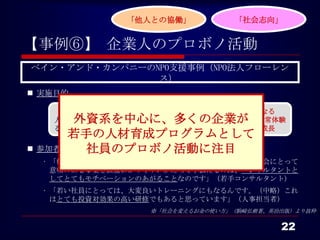 「他人との協働」            「社会志向」


【事例⑥】 企業人のプロボノ活動
ベイン・アンド・カンパニーのNPO支援事例（NPO法人フローレン
               ス）
 実施目的

    社会貢献の一環として、     実は．．    普段の業務とは異なる
       外資系を中心に、多くの企業が
   人的資源、ノウハウが不足す           着眼点、異文化・非日常体験
   る非営利団体への支援を実施            を通じて、社員が成長
      若手の人材育成プログラムとして
        社員のプロボノ活動に注目
 参加者・関係者の声
  • 「僕たちは、人の役に立ちたいといつも思っています。（中略）社会にとって
    意味のある事業を直接わかりやすいかたちで手伝えるのは、コンサルタントと
    してとてもモチベーションのあがることなのです」（若手コンサルタント）
  • 「若い社員にとっては、大変良いトレーニングにもなるんです。（中略）これ
    はとても投資対効果の高い研修でもあると思っています」（人事担当者）
                   ※「社会を変えるお金の使い方」（駒崎弘樹著、英治出版）より抜粋


                                           22
 