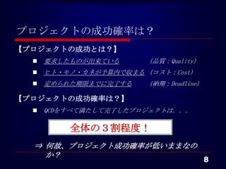 プロジェクトの成功確率は？
【プロジェクトの成功とは？】
     要求したものが出来ている      （品質：Quality）
     ヒト・モノ・カネが予算内で収まる （コスト：Cost）
     定められた期限までに完了する    （納期：Deadline）

【プロジェクトの成功確率は？】
     QCDをすべて満たして完了したプロジェクトは．．．

          全体の３割程度！
  ⇒ 何故、プロジェクト成功確率が低いままなの
    か？
                                        8
 