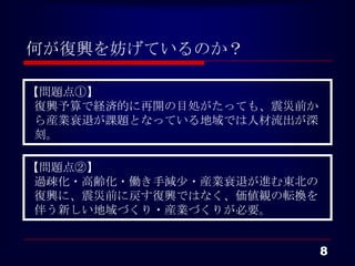 何が復興を妨げているのか？

【問題点①】
 復興予算で経済的に再開の目処がたっても、震災前から産
 業衰退が課題となっている地域では人材流出が深刻。


【問題点②】
 過疎化・高齢化・働き手減少・産業衰退が進む東北の復興
 に、震災前に戻す復興ではなく、価値観の転換を伴う新しい
 地域づくり・産業づくりが必要。


                           8
 
