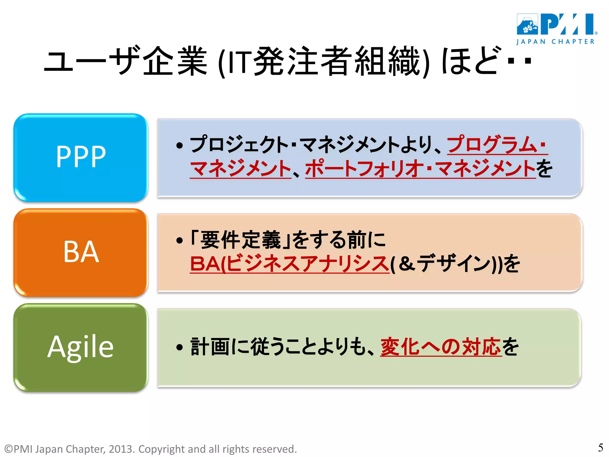 ©PMI Japan Chapter, 2013. Copyright and all rights reserved.
ユーザ企業 (IT発注者組織) ほど・・
• プロジェクト・マネジメントより、プログラム・
マネジメント、ポートフォリオ・マネジメントをPPP
• 「要件定義」をする前に
ＢＡ(ビジネスアナリシス(＆デザイン))をBA
• 計画に従うことよりも、変化への対応をAgile
5
 