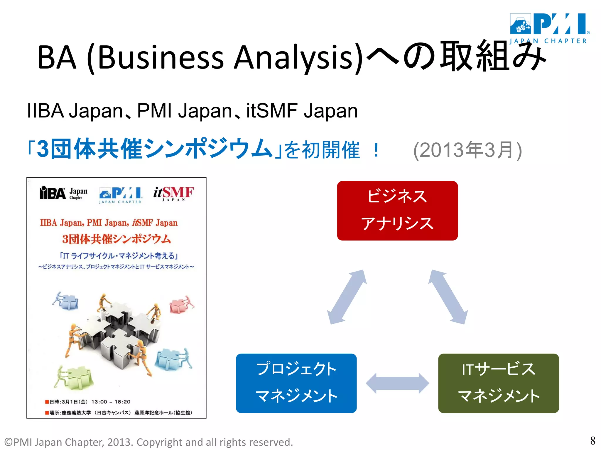 ©PMI Japan Chapter, 2013. Copyright and all rights reserved.
BA (Business Analysis)への取組み
IIBA Japan、PMI Japan、itSMF Japan
「3団体共催シンポジウム」を初開催 ！ (2013年3月)
8
ビジネス
アナリシス
ITサービス
マネジメント
プロジェクト
マネジメント
 