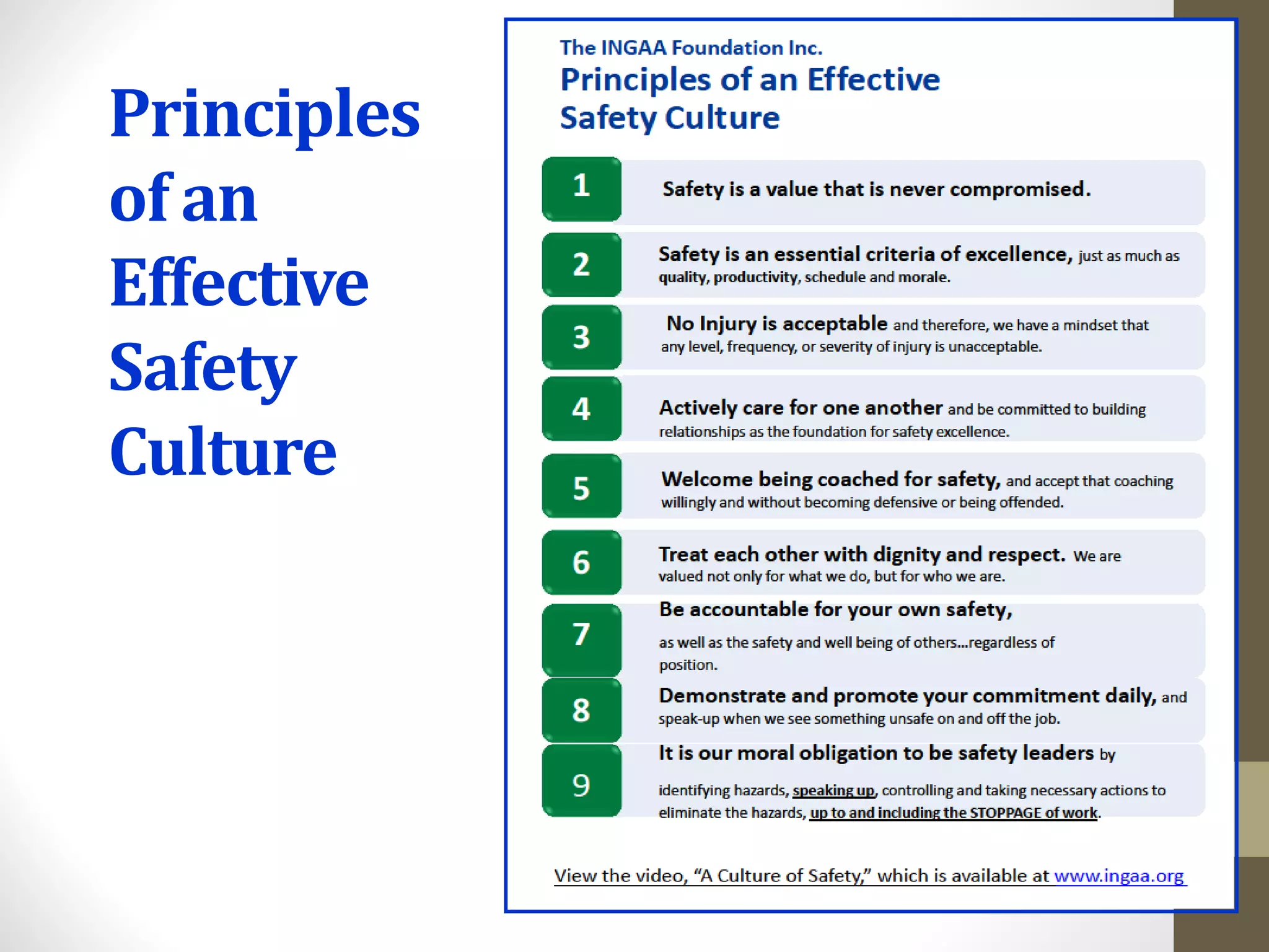Principles
of an
Effective
Safety
Culture
 