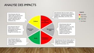 ANALYSE DES IMPACTS
Cette dimension décrit les impacts reliés à
l’acquisition de compétences et connaissances
nouvelles (ex. : expertise professionnelle,
habiletés relationnelles, savoir-faire, savoir-
être, etc.)
Connaissance
s et
compétences
Structure et
rôles
Processus et
procédures
Outils
Environne-
ment
Culture
Cette dimension décrit les
impacts reliés à l'utilisation du
nouveau système d'information
(l'outil utilisé et ses
composantes).
Cette dimension décrit les
impacts reliés au nouvel
environnement de travail (ex. :
déménagement, accès,
changement de bureaux, etc.)
Cette dimension décrit les
impacts sur la structure
organisationnelle ou sur les rôles
et responsabilités qui seront
nécessaires pour soutenir le
nouveau processus (ex. :
conditions de travail, tâches
reliées à un poste, etc.)
Cette dimension décrit les impacts reliés aux
changements de processus et procédures
d’affaires (ex. : processus, interdépendance
ou objectifs des processus, etc.)
Cette dimension décrit les
impacts reliés à la culture et aux
valeurs de l’organisation (ex. :
nouvelles habitudes, style de
gestion, relations avec les
partenaires, etc.)
Impact élevé
Impact moyen
Impact faible
Pas d’impact
Légende
© Brio Conseils
 