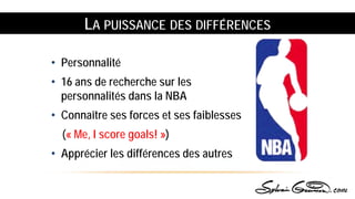 LA PUISSANCE DES DIFFÉRENCES
• Personnalité
• 16 ans de recherche sur les
personnalités dans la NBA
• Connaître ses forces et ses faiblesses
(« Me, I score goals! »)
• Apprécier les différences des autres
 
