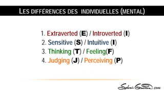 LES DIFFÉRENCES DES INDIVIDUELLES (MENTAL)
1. Extraverted (E) / Introverted (I)
2. Sensitive (S) / Intuitive (I)
3. Thinking (T) / Feeling(F)
4. Judging (J) / Perceiving (P)
 